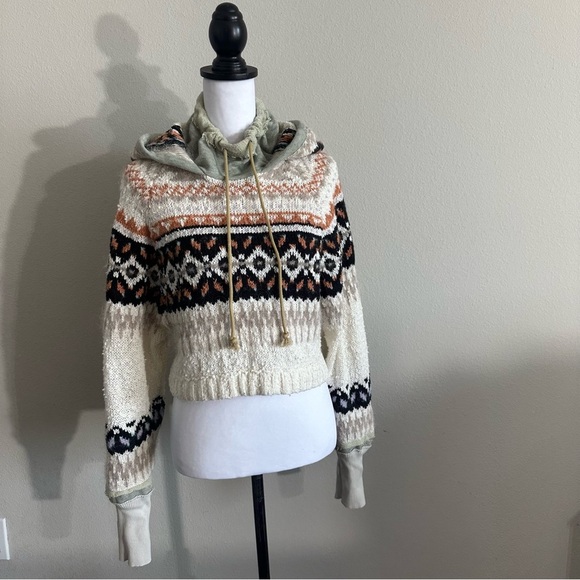 Free People Hoodie Inverness Pullover Sweater Cropped Long Sleeve Oatmeal - Picture 5 of 12